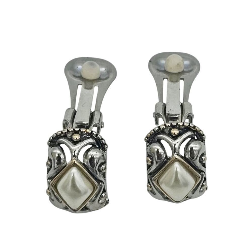 Vintage Clip On Statement Earrings Faux Pearl Gold And Silver Toned - Picture 3 of 6